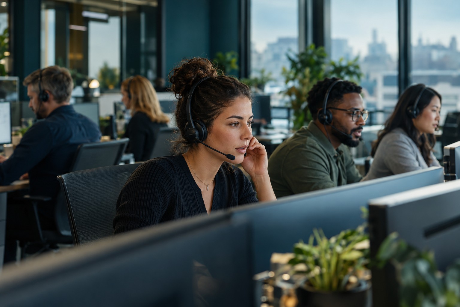 Illustration of professionals working in a modern contact center