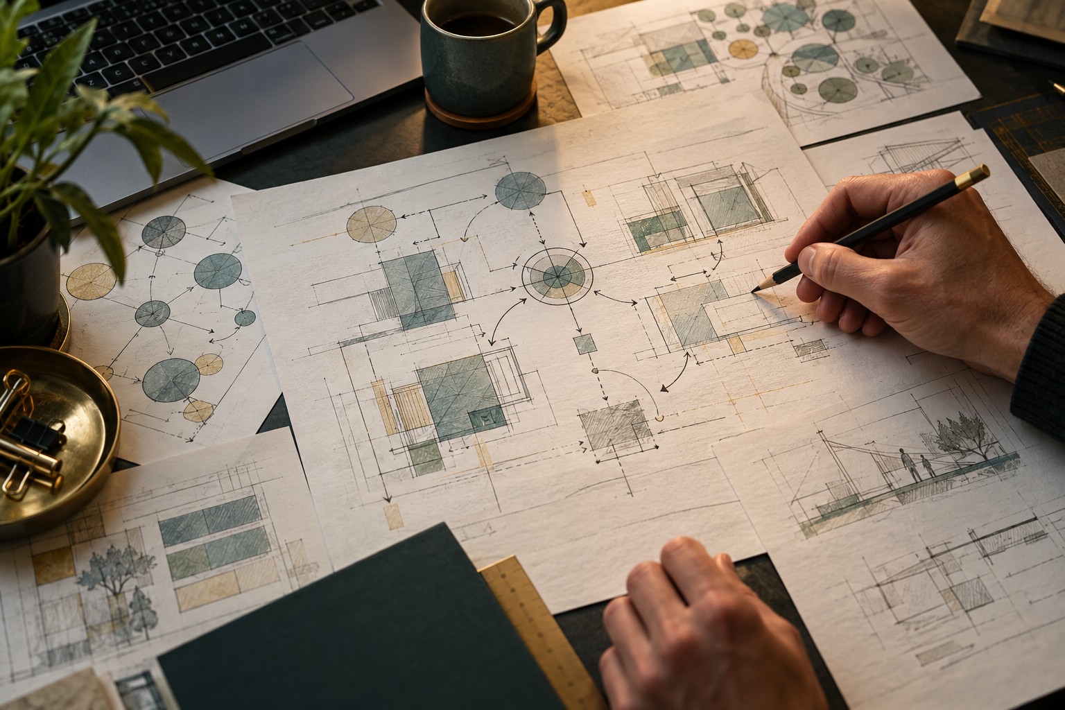 Illustration of an operating plan being developed at a worktable