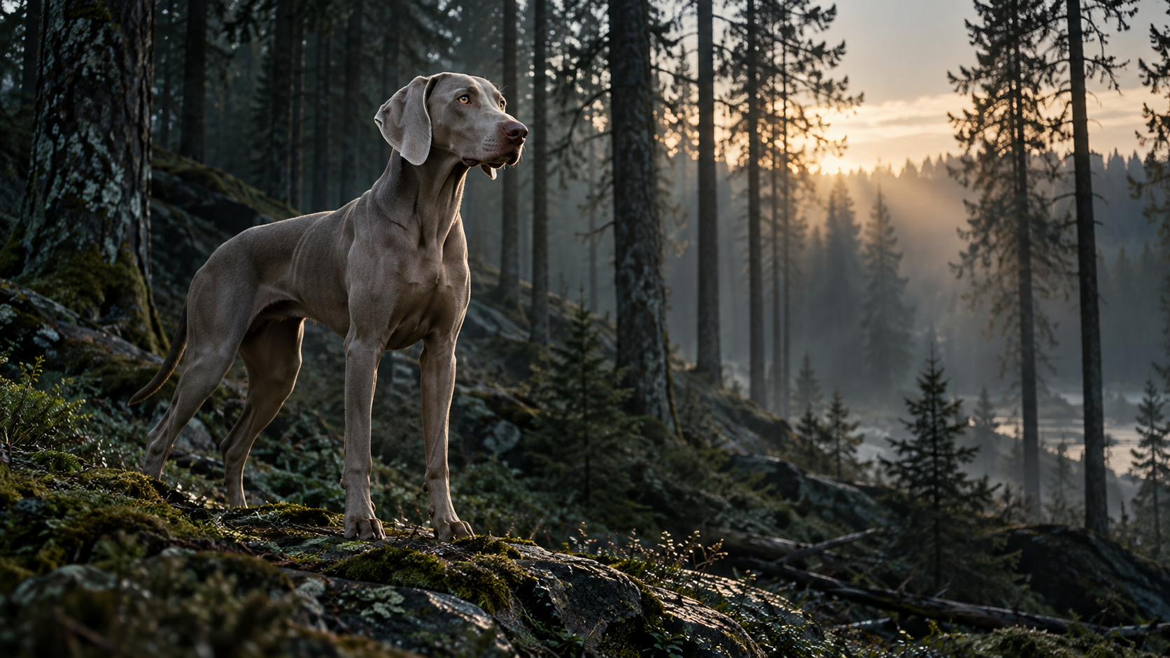 An alert silver Weimaraner focused on the path ahead
